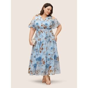 Size 28 5X Plus Size BloomChic Wrap Mesh Ruffle Sleeve Floral Dress